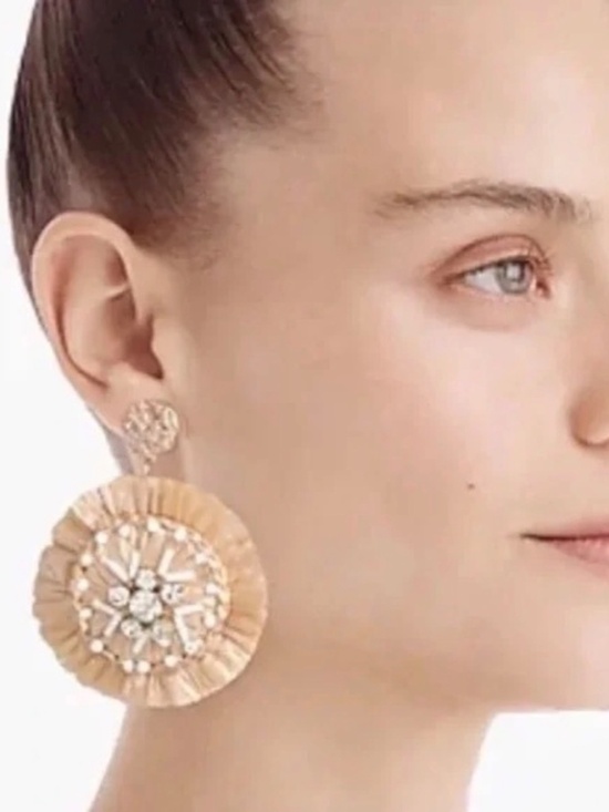 J.Crew Raffia Crystal Statement Earrings Natural Gold Boho Resort Large NWT - Picture 4 of 9